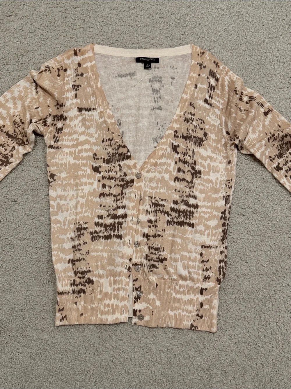 Banana Republic Beige and Brown Abstract Print V-Neck Cardigan